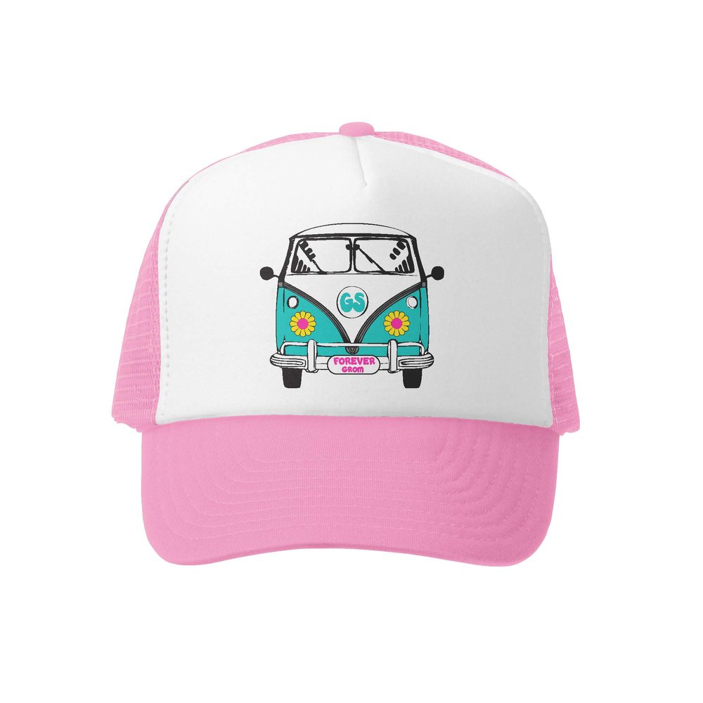 Grom Squad Kids Trucker Hat - Mesh Adjustable Baseball Cap for Boys & Girls - Baby, Infant, Toddler, School-Age Sizes 2-5 Years, Busin Daisy, Pink & White