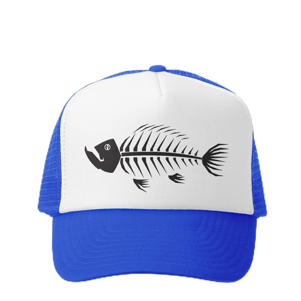 Grom Squad Kids Trucker Hat - Mesh Adjustable Baseball Cap for Boys & Girls - Baby, Infant, Toddler, School-Age Sizes (2-5yrs (Big), Fish Bones 2.0, Royal & White)