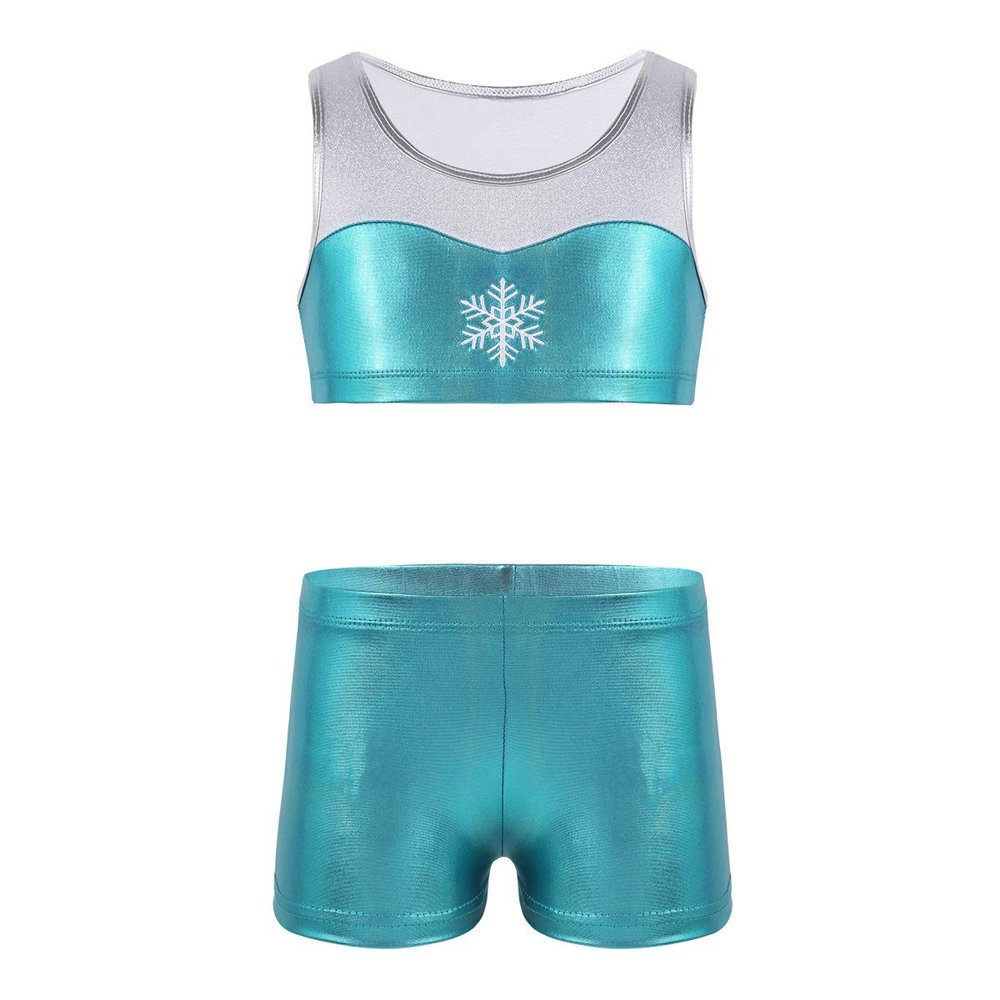 Agoky Kids Girls' 2pcs Racer Back Top and Booty Shorts Ballet Dance Gymnastics Sports Leotard Lake Blue Snowflake 12