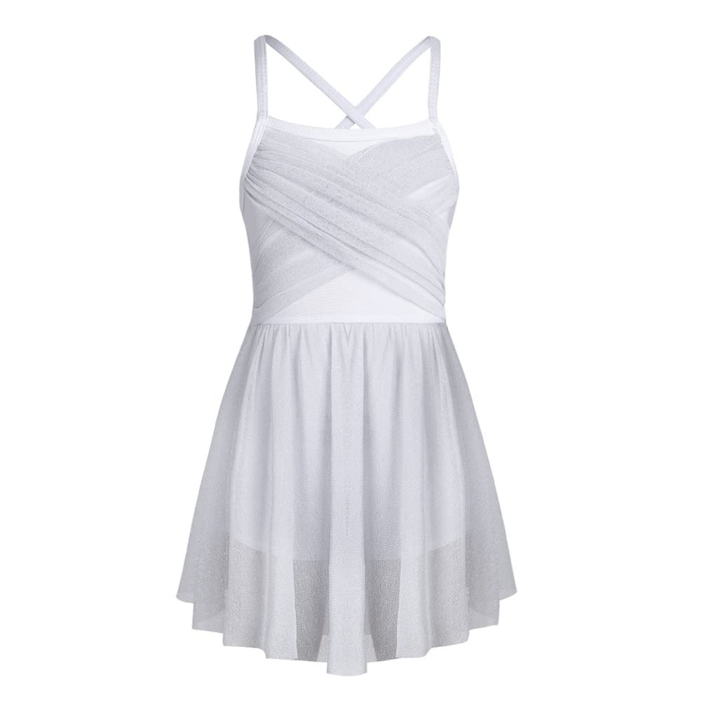 TiaoBug Girls Spaghetti Chiffon Ballet Dance Dress Empire Waist Gymnastics Leotard Lyrical Ballerina Dance Costume White# 7-8