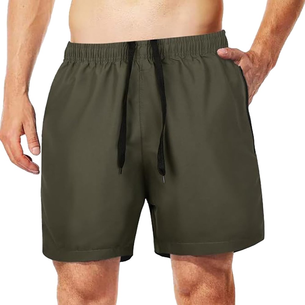 MADHERO Men Swim Trunks with Zipper Pockets Quick Dry Bathing Suits Mesh Lining,Army Green,Size S