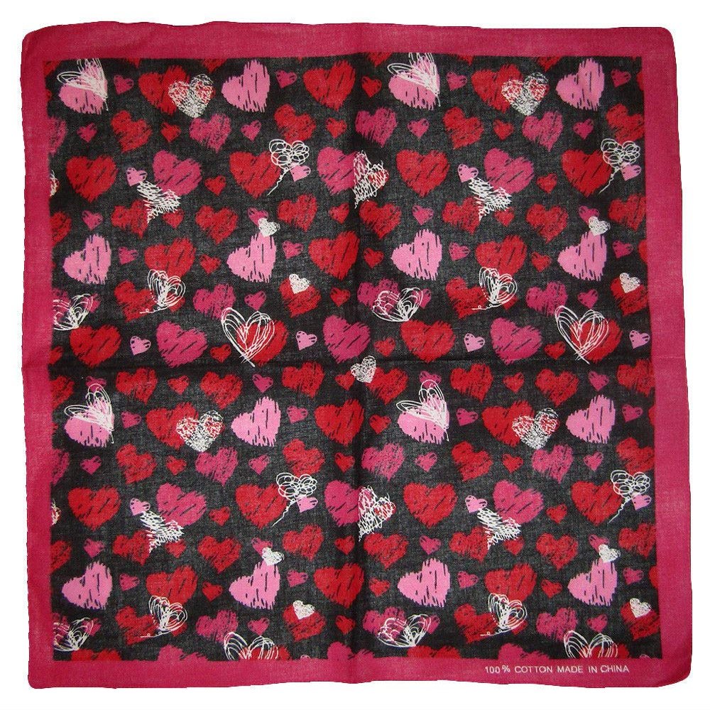 MWS 22"x22" Multiple Pink Red White Hearts Black 100% Cotton Bandanna