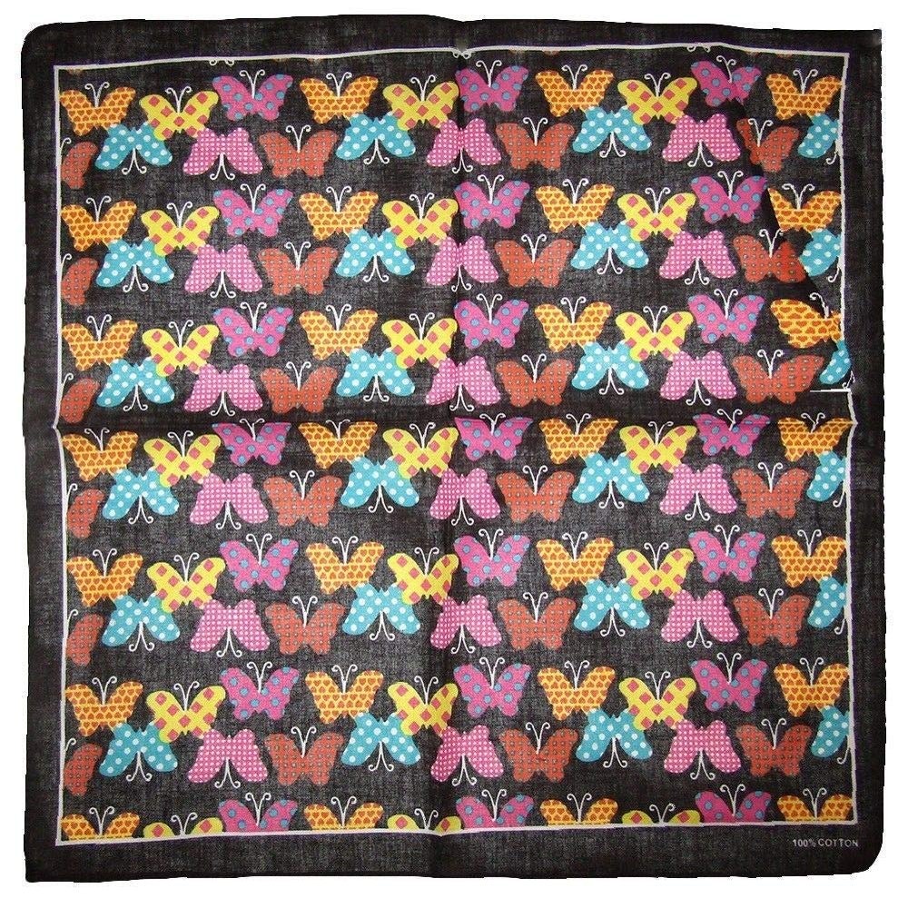 MWS 22"x22" Multi-Color Butterfly Black 100% Cotton Bandanna