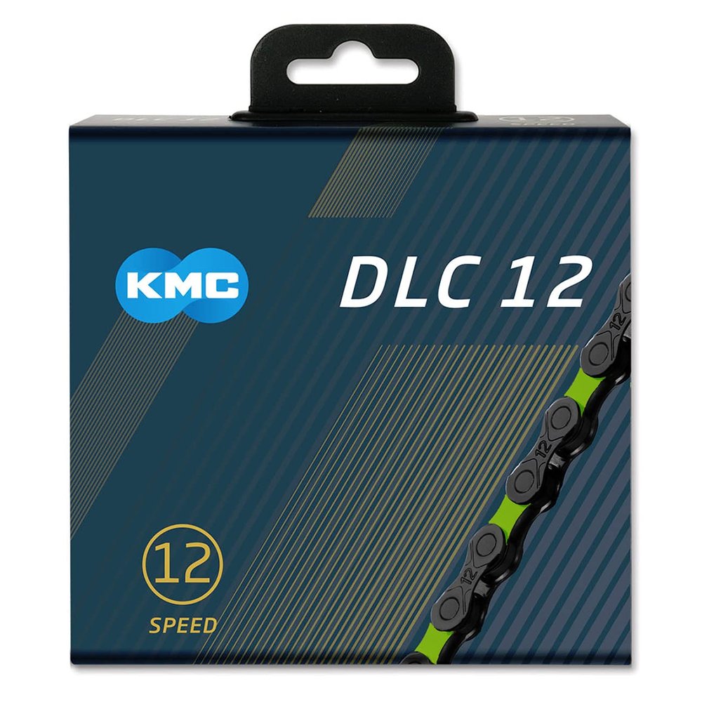 KMC DLC 12 Chain, Black/Green, 1/2' x 11/128', 12-Speed Bicycle Chain, Double Strand, Alloy Steel