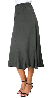 EXCHIC Women's Elegant Ankle Length Ruffle Hem Elastic Waist Suede Midi Skirt (S, Dark Grey)