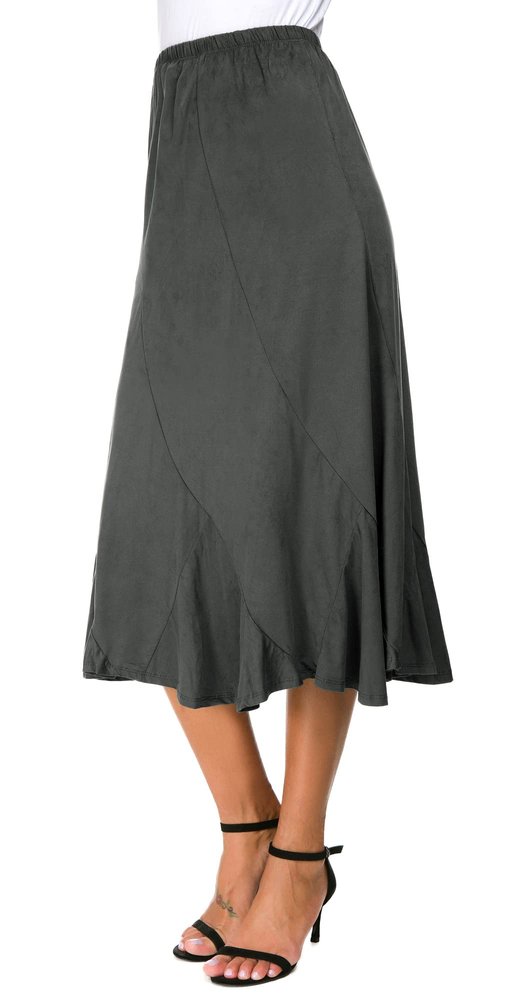 EXCHIC Women's Elegant Ankle Length Ruffle Hem Elastic Waist Suede Midi Skirt (S, Dark Grey)