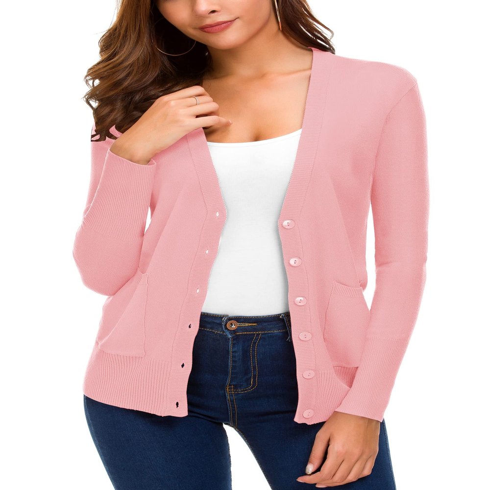 EXCHIC Women's Lightweight Long Sleeve Cardigan Sweaters Classic Button Open Front Knit Sweater with Pockets(Pink, Large)