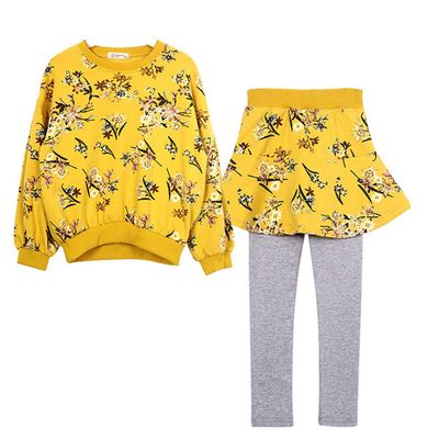 FTSUCQ Girls Pullover Floral Printed Tracksuits Sport Sweashirt Coat + Pantskirt (125-135CM/6-7Y)