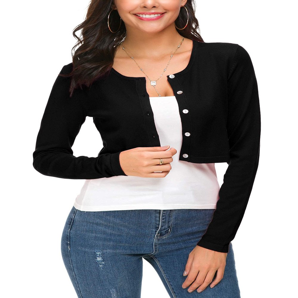 EXCHIC Women's Cropped Knit Cardigan Sweater Long Sleeve Button Down Open Front Bolero Shrug for Spring and Fall (S, Black)