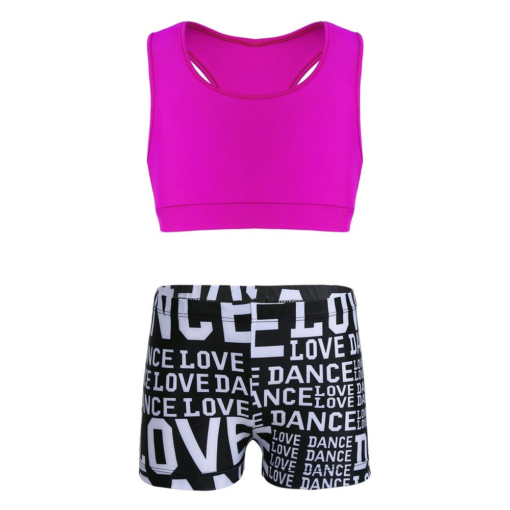 ranrann Girls Dance Sport Crop Bra Top Booty Shorts Set 2PCS Gymnastic Active Workout Swimwear Swimming Outfit Rose&Black 3-4