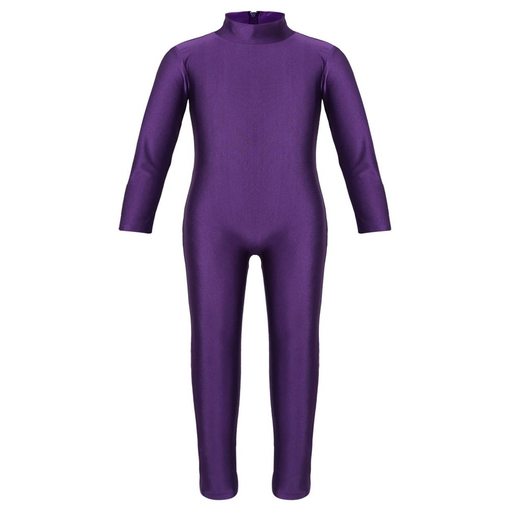 ranrann Kids Girls Full Length Gymnastic Unitard Long Sleeves Ballet Dance Jumpsuit Mock Neck Athletic Activewear Purple 5-6