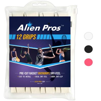 ALIEN PROS Tennis Racket Grip Tape (12 Grips) - Precut and Dry Feel Tennis Grip - Tennis Overgrip Grip Tape Tennis Racket - Wrap Your Racquet for High Performance (12 Grips, White)