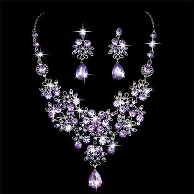 Myhouse Butterfly Water Drop Shape Rhinestone Wedding Bridal Necklace Earring Set Charm Accessories Jewelry, Purple