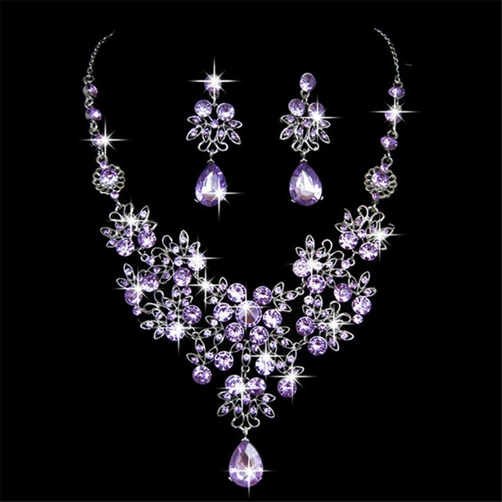 Myhouse Butterfly Water Drop Shape Rhinestone Wedding Bridal Necklace Earring Set Charm Accessories Jewelry, Purple