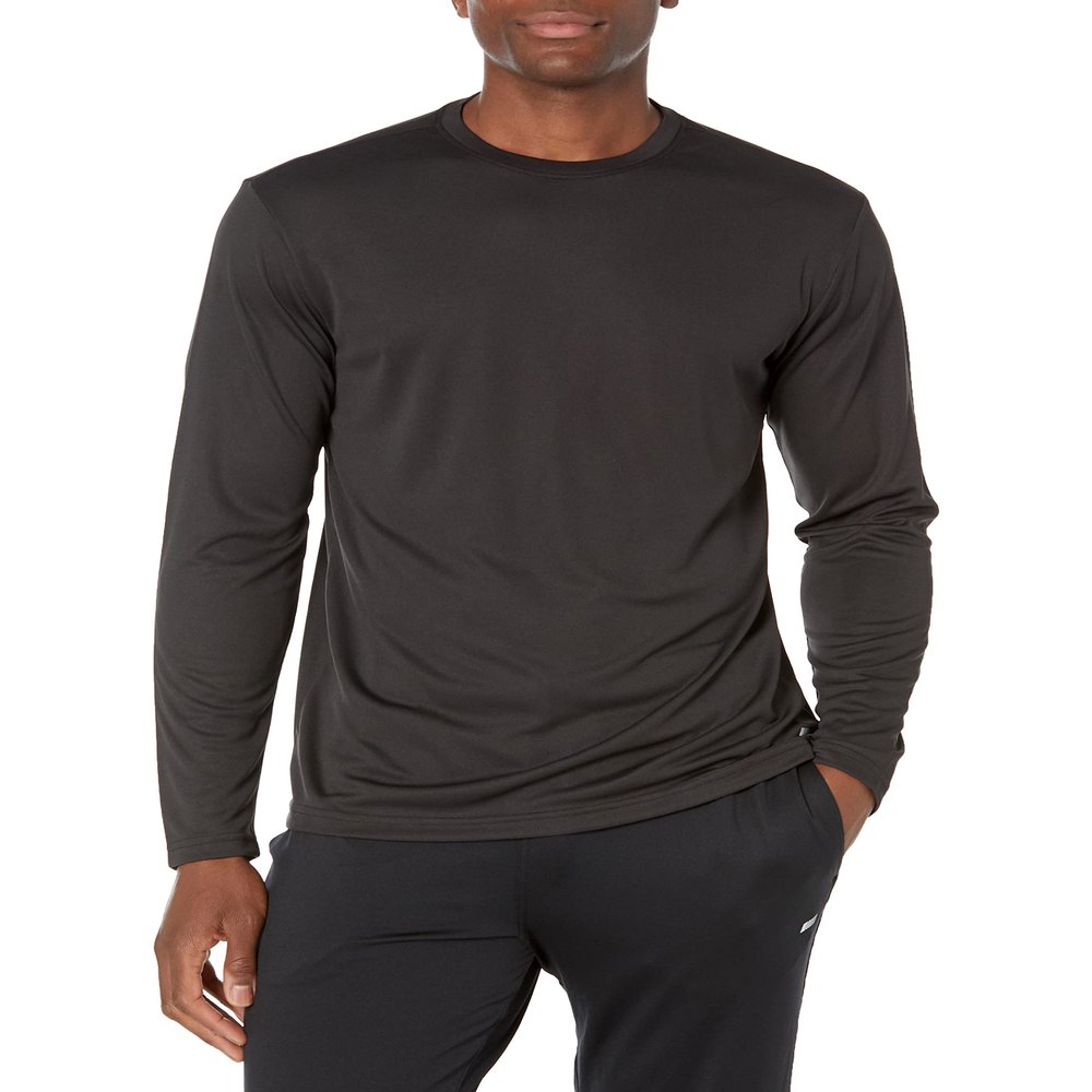 Amazon Essentials Men's Long Sleeve Performance Tech Workout Crew Neck T-Shirt, Black, X-Small