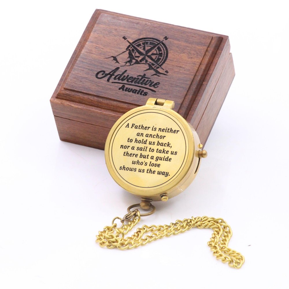 Antique Nautical Compass with Engraved Quote Vintage Magnetic Directional Compass in Wooden Adventure Box Gift for Dad from Son or Daughter | Baptism, Birthday, or Special Occasion Keepsake