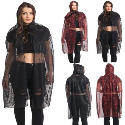 Ladies Fancy Spider Web Hooded Cape Halloween Scary Dress Party Wear Supplies Red One Size