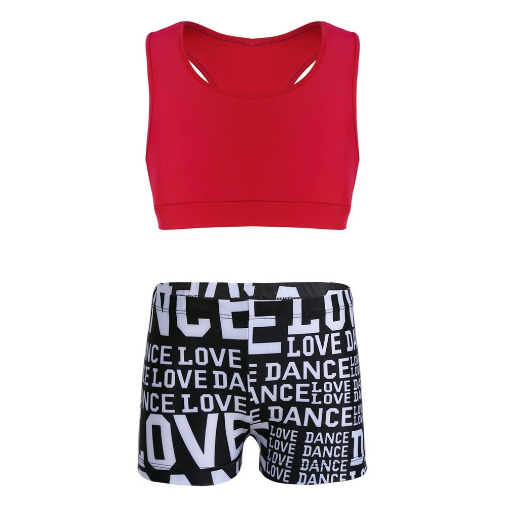 YiZYiF Child Girls 2-Piece Tank Top with Letter Print Bottoms Set for Gymnastics Dance Gym Sports Red 3-4