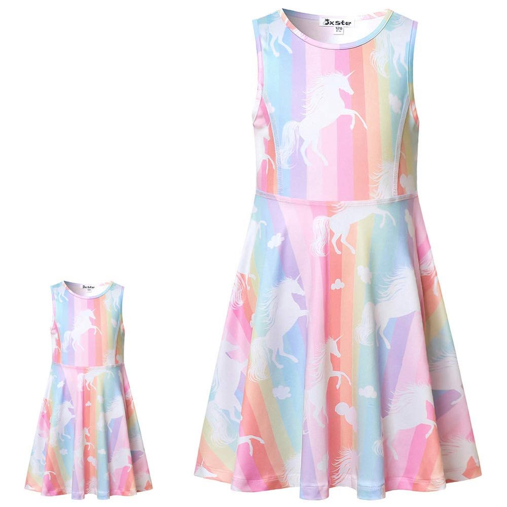 America Doll & Girl Matching Dresses Unicorn Clothes Outfits Sleeveless Rainbow 8-9 Years
