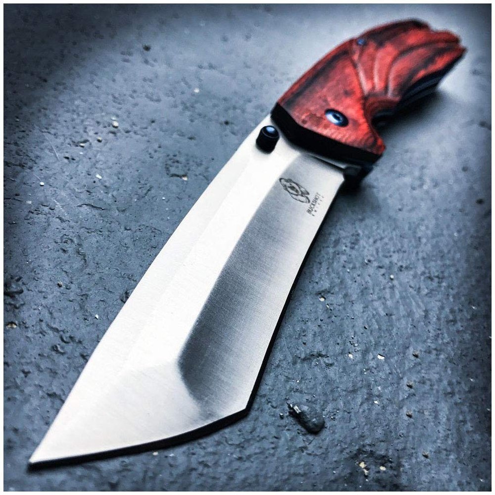 9" Spring Assisted Folding Pocket Knife Katana Tanto Japanese Wood New Carbon Steel Razor Sharp Blade Knife + Free eBook by SURVIVAL STEEL