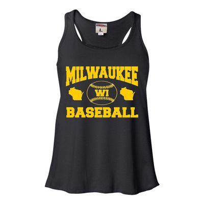 Go All Out Large Black Womens Milwaukee Baseball Flowy Racerback Tank Top T-Shirt