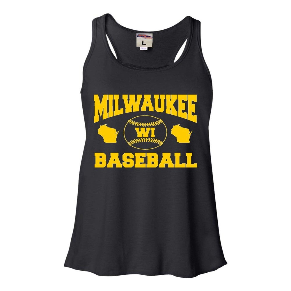 Go All Out Large Black Womens Milwaukee Baseball Flowy Racerback Tank Top T-Shirt