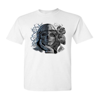 Dead Girl with Roses T-Shirt Sugar Skull Face Day of The Dead Mens Tee Shirt White Small