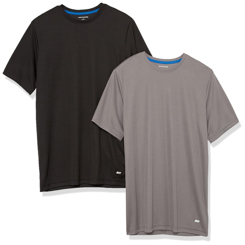 Amazon Essentials Men's Performance Tech Workout T-Shirts, Pack of 2, Black/Medium Grey, X-Small