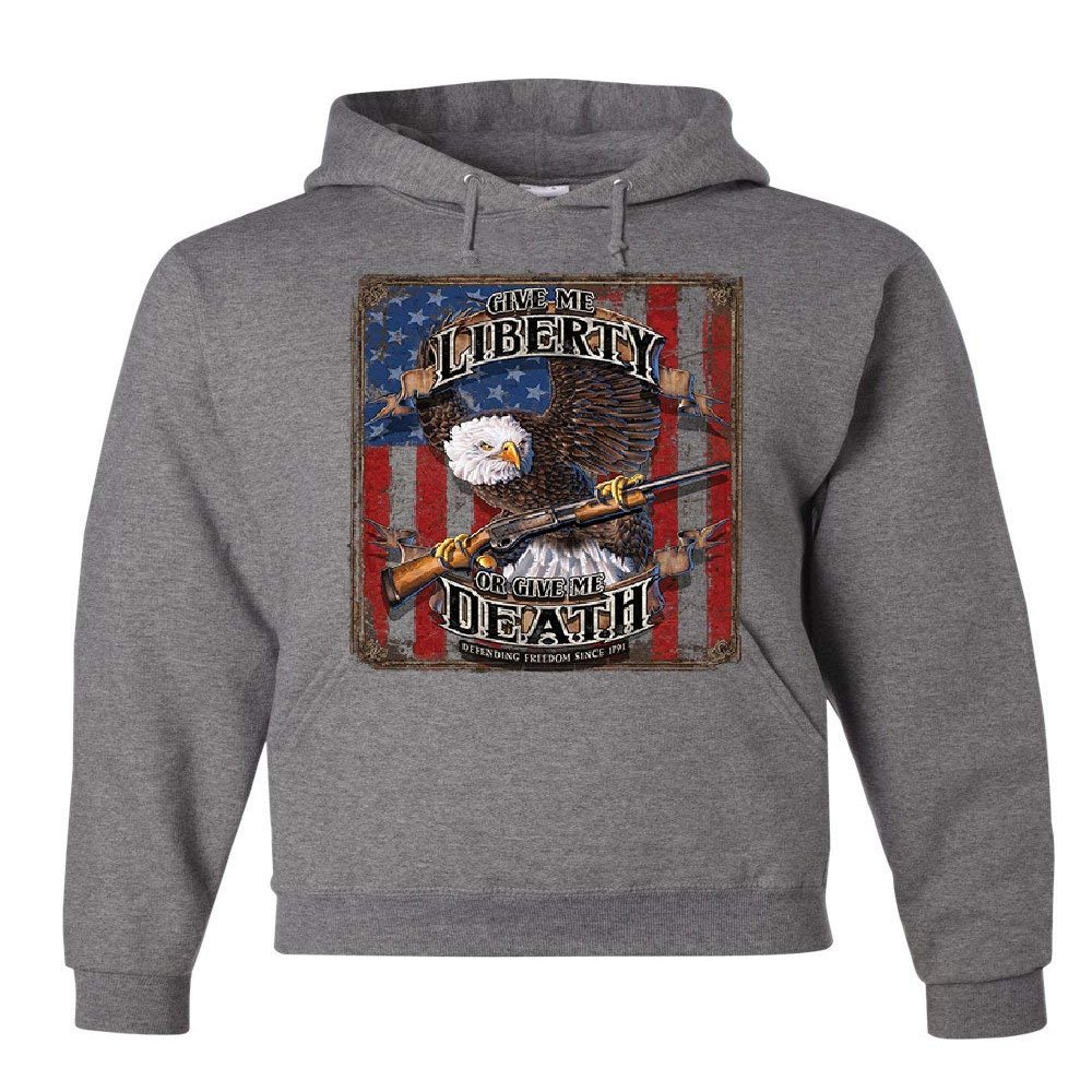 Tee Hunt Give Me Liberty or Give Me Death Hoodie Eagle Defend Freedom 2A Sweatshirt Gray Large