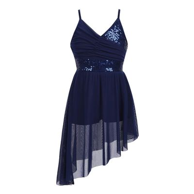 FEESHOW Girls Sequined Camisole Ballet Dance Tutu Dress Gymnastic Leotard Asymmetrical Skirt Fairy Costumes V-Neck Navy 5-6 Years