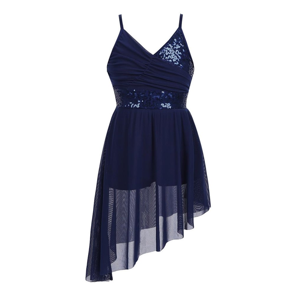 FEESHOW Girls Sequined Camisole Ballet Dance Tutu Dress Gymnastic Leotard Asymmetrical Skirt Fairy Costumes V-Neck Navy 5-6 Years