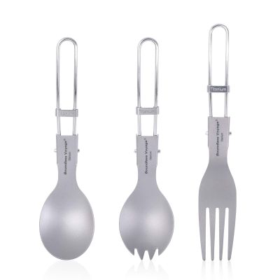 iBasingo Titanium Spoon,Spork,Fork Set with Folding Handle Ultralight Dinnerware Utensils for Camping Picnic Hiking Travel Home use A-Ti1026T