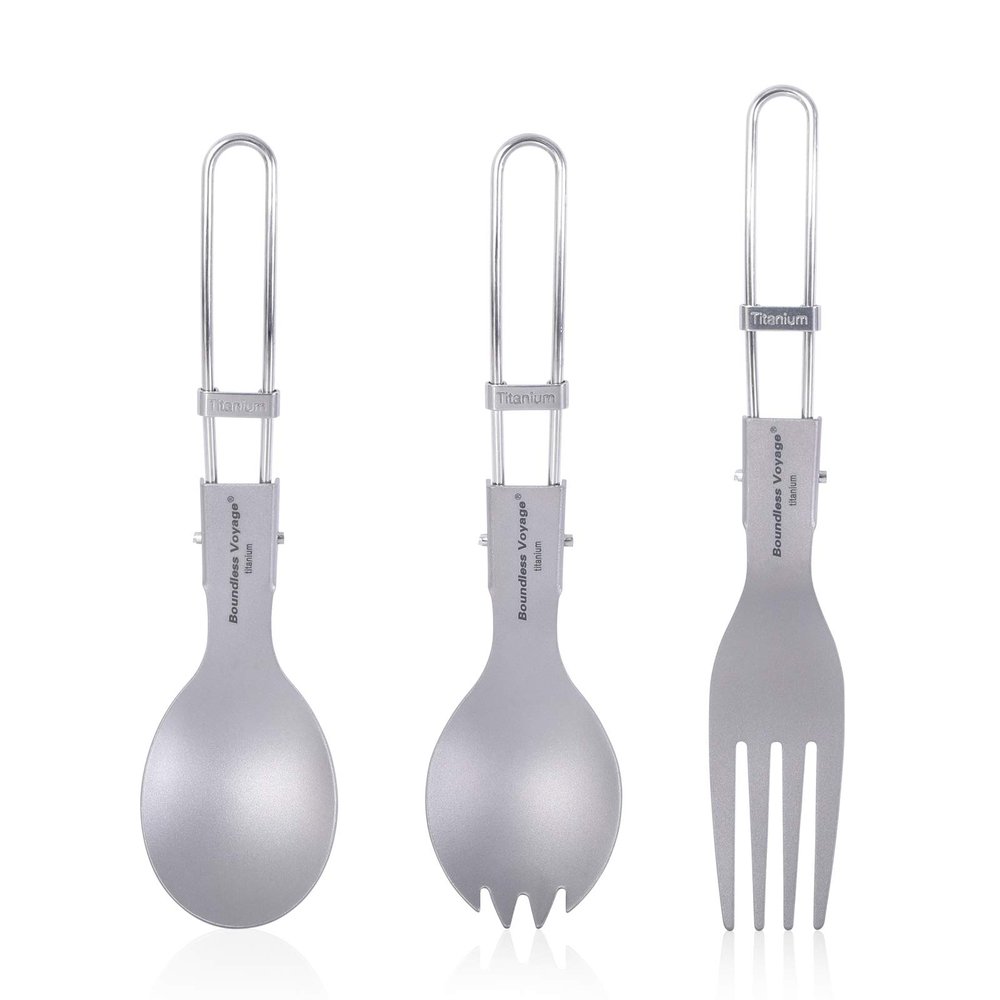 iBasingo Titanium Spoon,Spork,Fork Set with Folding Handle Ultralight Dinnerware Utensils for Camping Picnic Hiking Travel Home use A-Ti1026T