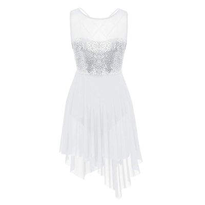Agoky Women's Illusion Mesh Sequined Lyrical Dance Costume Dresses Modern Contemporary High Low Skirted Leotard White X-Large