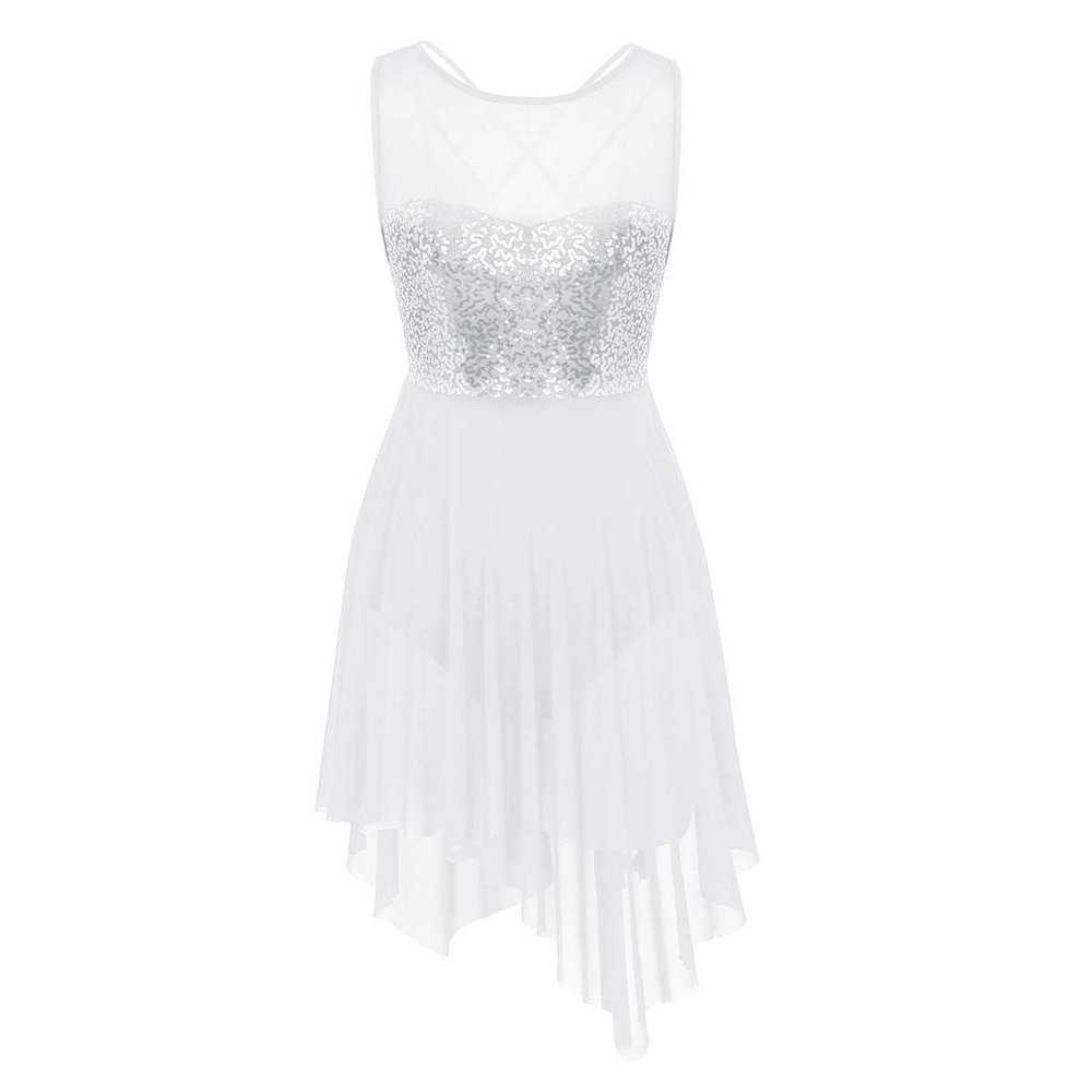 Agoky Women's Illusion Mesh Sequined Lyrical Dance Costume Dresses Modern Contemporary High Low Skirted Leotard White X-Large