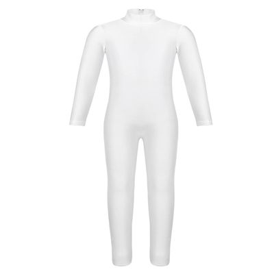 ranrann Kids Girls Full Length Gymnastic Unitard Long Sleeves Ballet Dance Jumpsuit Mock Neck Athletic Activewear Ivory 5-6