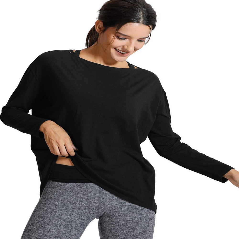 CRZ YOGA Pima Cotton Boat Neck Long Sleeve Shirts for Women - Workout Athletic Yoga Casual Tops Loose Fit Fall T-Shirts Black Medium