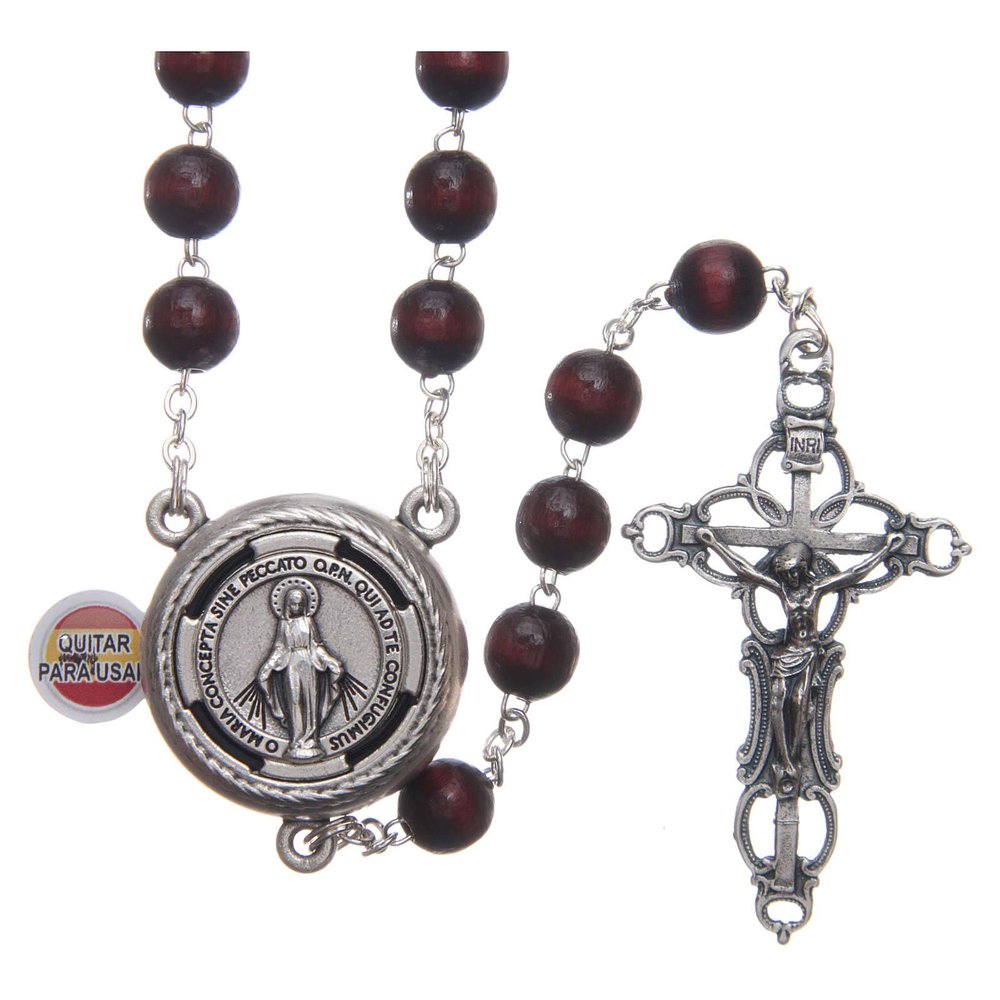 Holyart Rosary in Burgundy Wood with Talking Center Piece Pope Francis Prayer Spanish 8 mm