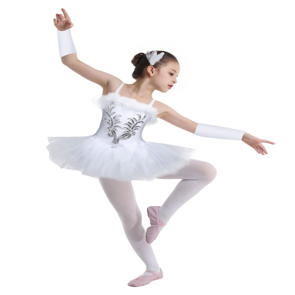 ranrann Kids Girls Swan Lake Dress Costume Sequins Ballet Dance Leotard Tutu Dress Dancewear with Gloves Hair Clip White 8-10