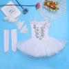 ranrann Kids Girls Swan Lake Dress Costume Sequins Ballet Dance Leotard Tutu Dress Dancewear with Gloves Hair Clip White 8-10 view 3
