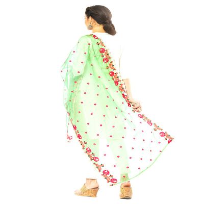 DUPATTA BAZAAR Woman's Green & Multicoloured Organza Dupatta with Embroidery.