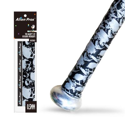 ALIEN PROS Bat Grip Tape 0.5MM for Baseball Precut and pro Feel Bat Tape Replacement for Old Baseball bat Grip Wrap Your Bat for an Epic Home Run (1 Grip, Black Skulls)
