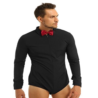 ACSUSS Men's Long Sleeve Latin Modern Ballroom Dance Shirt Romper Leotards Black X-Large