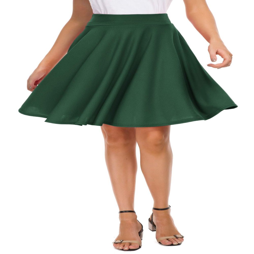 EXCHIC Women's Casual Stretchy Flared Midi Skater Skirts Basic A-Line Pleated Midi Skirt (L, Green)