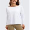 CRZ YOGA Pima Cotton Boat Neck Long Sleeve Shirts for Women - Workout Athletic Yoga Casual Tops Loose Fit Fall T-Shirts White Medium view 2