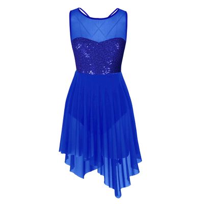 Agoky Women's Illusion Mesh Sequined Lyrical Dance Costume Dresses Modern Contemporary High Low Skirted Leotard Blue X-Large