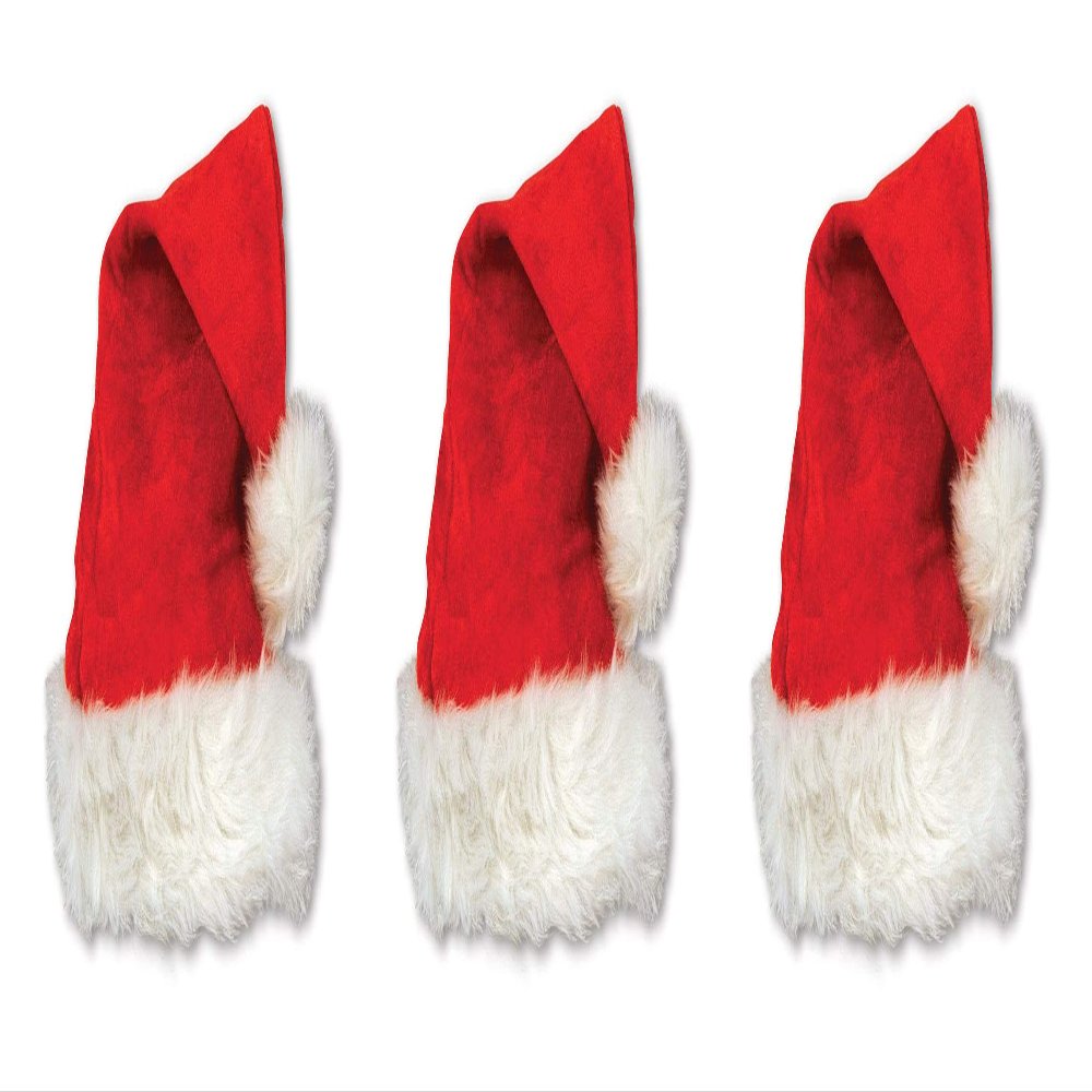 Beistle Red Santa Hats with White Trim, 3 Pieces Christmas Themed Caps, Dress-Up Costume Accessories, Winter Party Supplies, Kris Kringle Holiday Headwear, Seasonal Festival