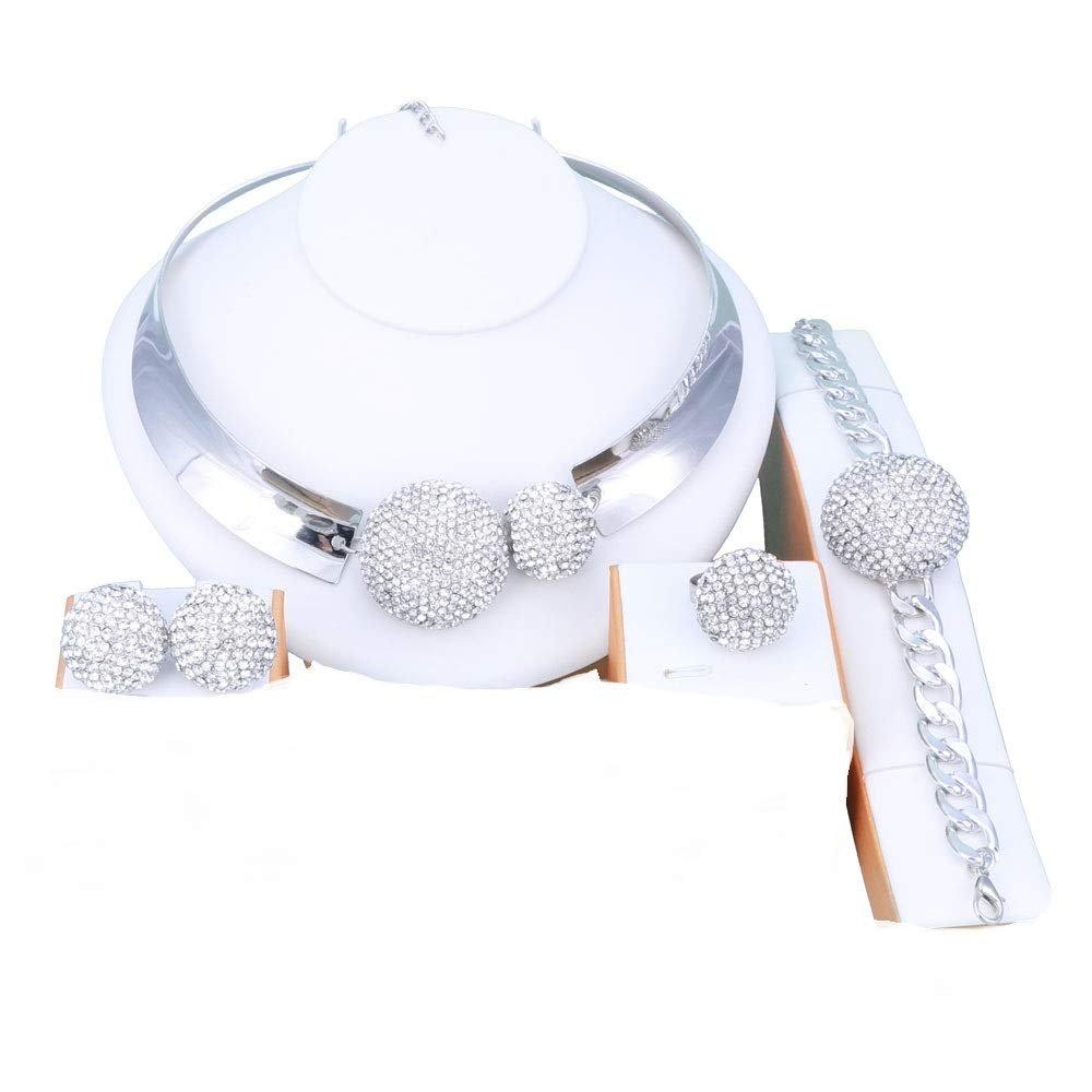 Fashion 18K Gold Plated Crystal Round Pendant Necklace Earring Bangle Ring Wedding Party Jewelry Set And Boxes (4pcs silver)