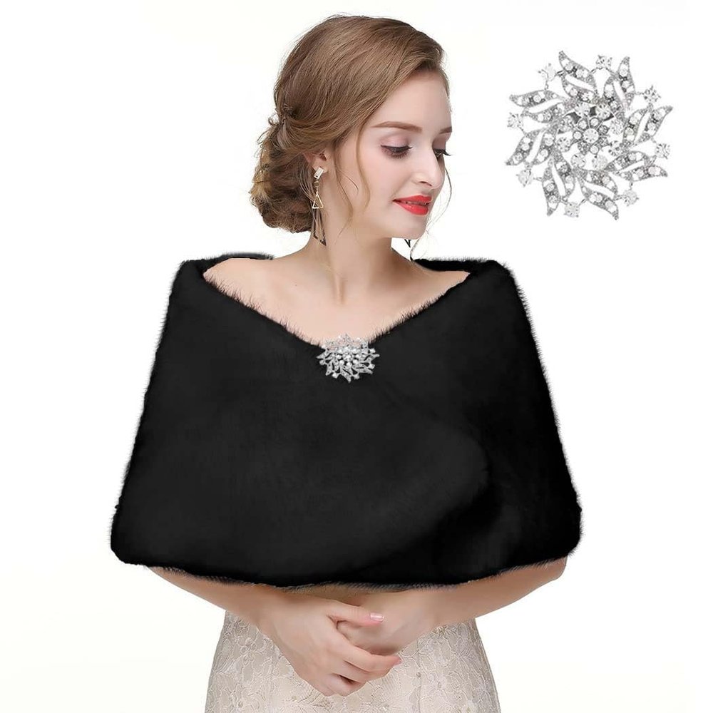 CanB Women's Winter Faux Rabbit Fur Stole Black Bridal Fur Wraps and Shawls Bride Wedding Fur Cape for Bridesmaids