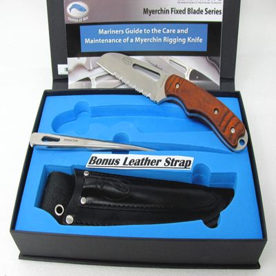 Myerchin W100P Generation 2 Wood Offshore System - Fixed 3/4 Serrated Pro Marine Stainless Steel Blade - Bubinga Wood Handle - Includes Marlinspike and Leather Sheath - Professional Rigging Tool Kit With BONUS Leather Lanyard Strap